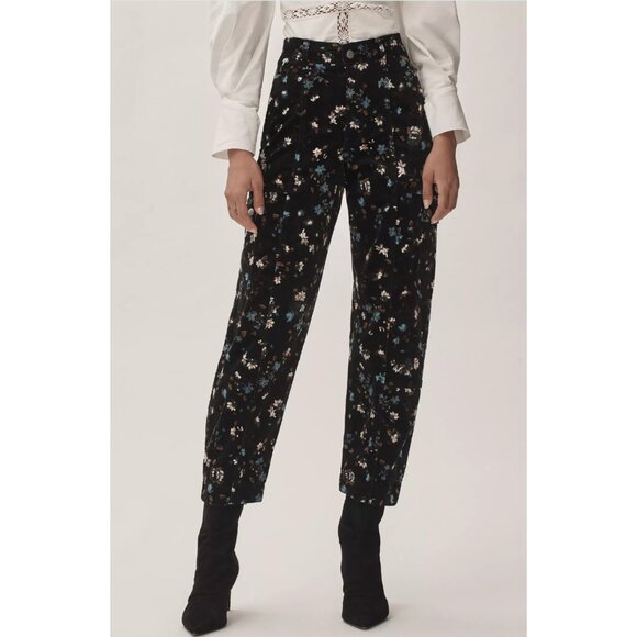 Anthropologie The Carson Utility Barrel Pants Corduroy Edition Blue Floral NWT 0 - Picture 1 of 6